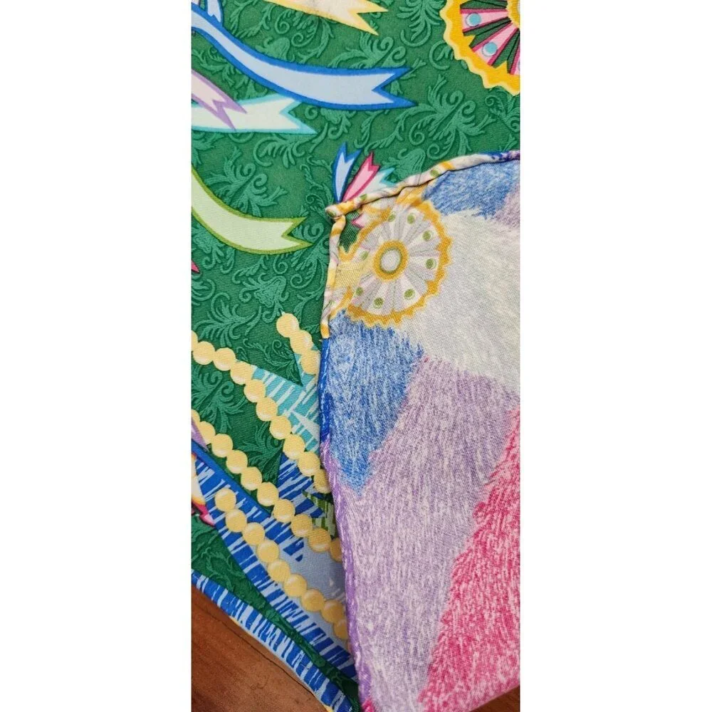 Vintage Silk Scarf Square Green Multicolor Equestrian Horse Print Large 34”